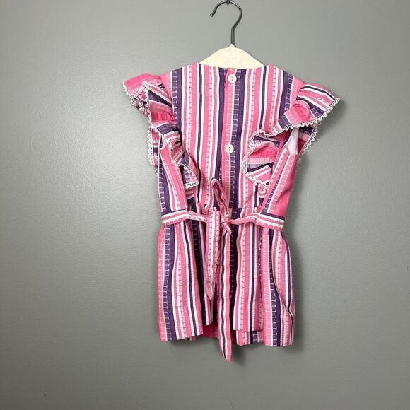 Vintage 70's Pinafore Dress Toddler Girl's Pink Purple Ruffle Stripe Summer Mini - Picture 4 of 8
